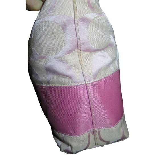 Coach Signature C Cream & Pink Stripe Canvas & Leather Tote Bag - Picture 3 of 13